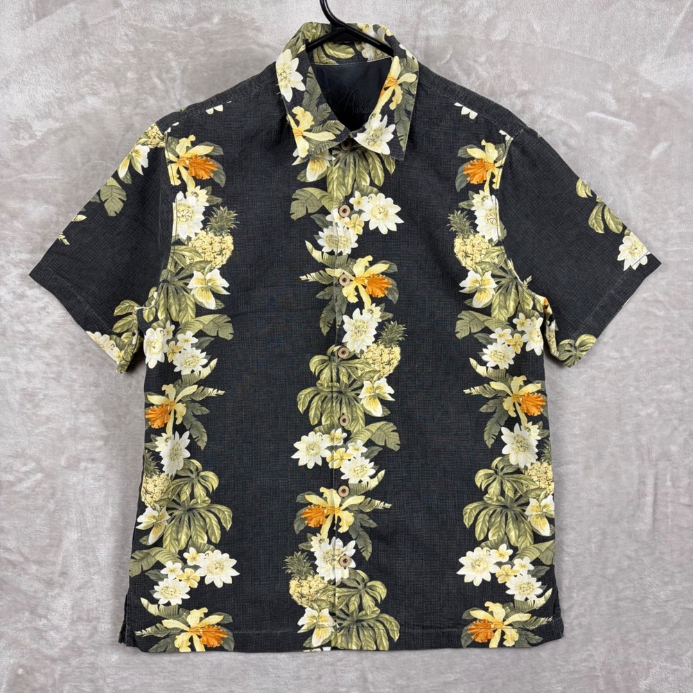 Tommy Bahama Men S Gray Silk Floral Pineapple Hawaiian Aloha Shirt Short Sleeve